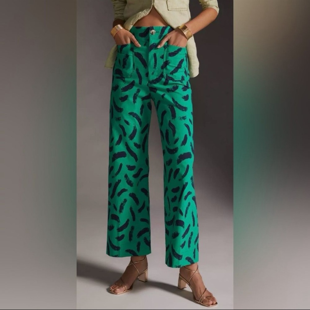Anthropologie Maeve Colette Pants Size 26 Green And Navy Print EUC - Picture 2 of 12